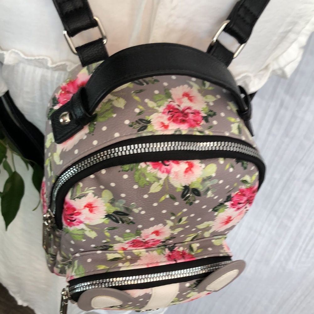 BETSEY JOHNSON  French Bull dog roses pattern mini backpack w/shoulder straps - Picture 4 of 15